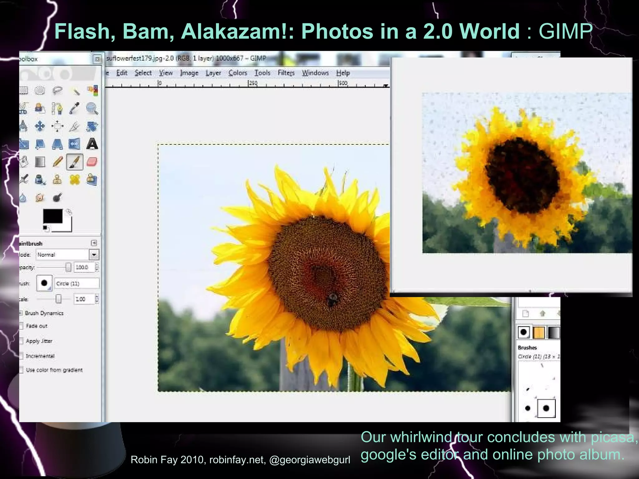 Flash, Bam, Alakazam!: Photos in a 2.0 World  : GIMP Robin Fay 2010, robinfay.net, @georgiawebgurl Our whirlwind tour concludes with picasa, google's editor and online photo album. 