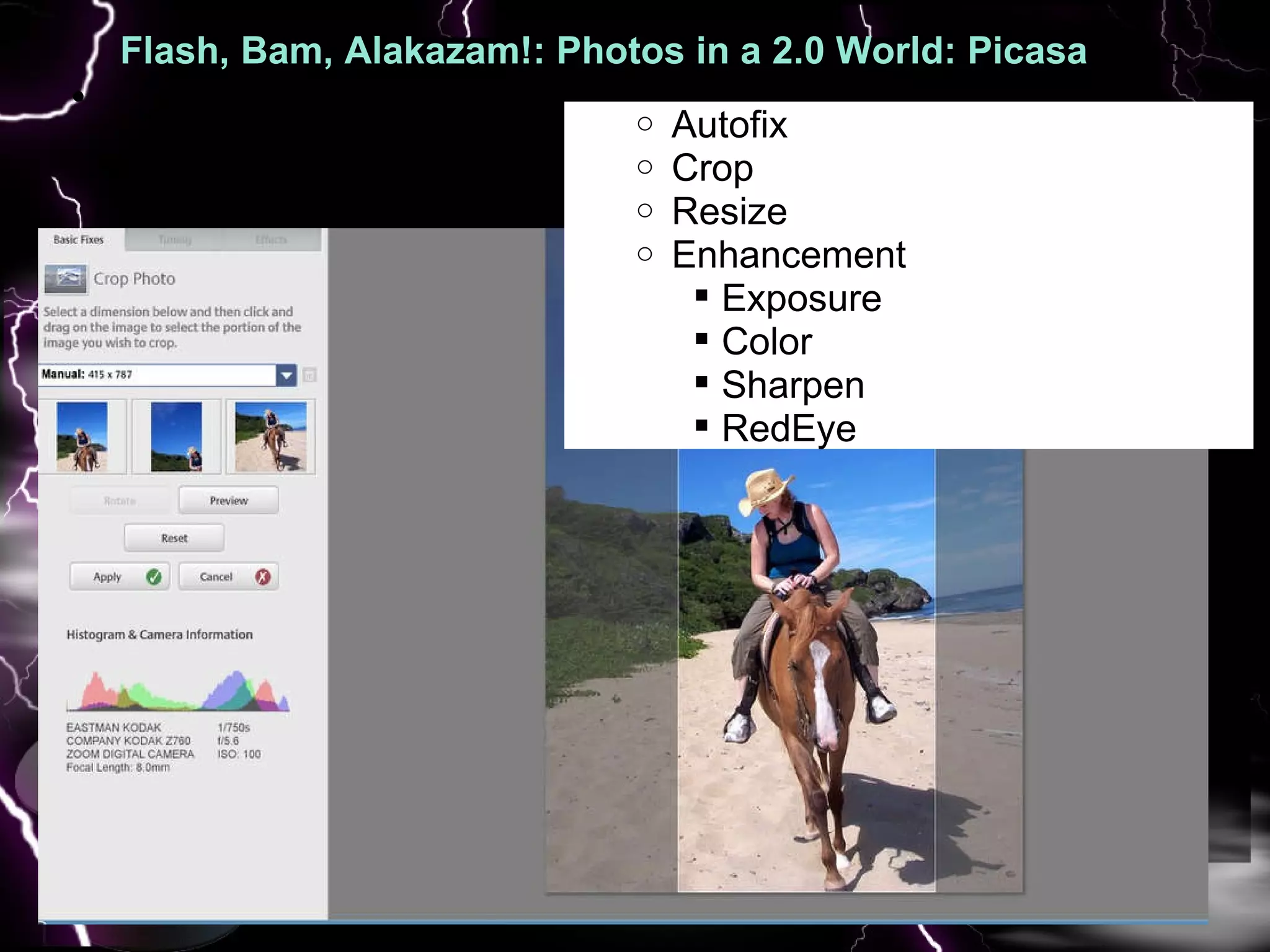Flash, Bam, Alakazam!: Photos in a 2.0 World: Picasa  : Pic   Autofix Crop Resize Enhancement Exposure  Color Sharpen RedEye 
