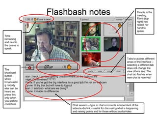Flashbash notes Objective – A quick reference for people joining Flashmeeting Time remaining and next in the queue to speak People in the meeting. Fiona (top right) has raised her hand to speak The broadcast button – when broadcasting nobody else can be heard so press this only when you wish to contribute Tabs to access different areas of the interface – selecting a different tab does not change the view others see. The chat tab flashes when new chat is received Chat session – type in chat comments independent of the video/audio link – useful for discussing what is happening and raising points and for those without audio/video 