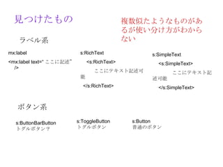 見つけたもの                                    複数似たようなものがあ
                                            るが使い分け方がわから
    ラベル系                                    ない
mx:label                   s:RichText             s:SimpleText
<mx:label text=“ ここに記述”    　 <s:RichText>         　 <s:SimpleText>
　 />
                                 ここにテキスト記述可       　　　　ここにテキスト記
                           能                      述可能
                            </s:RichText>         　 </s:SimpleText>



   ボタン系

   s:ButtonBarButton      s:ToggleButton     s:Button
   トグルボタン？                トグルボタン             普通のボタン
 