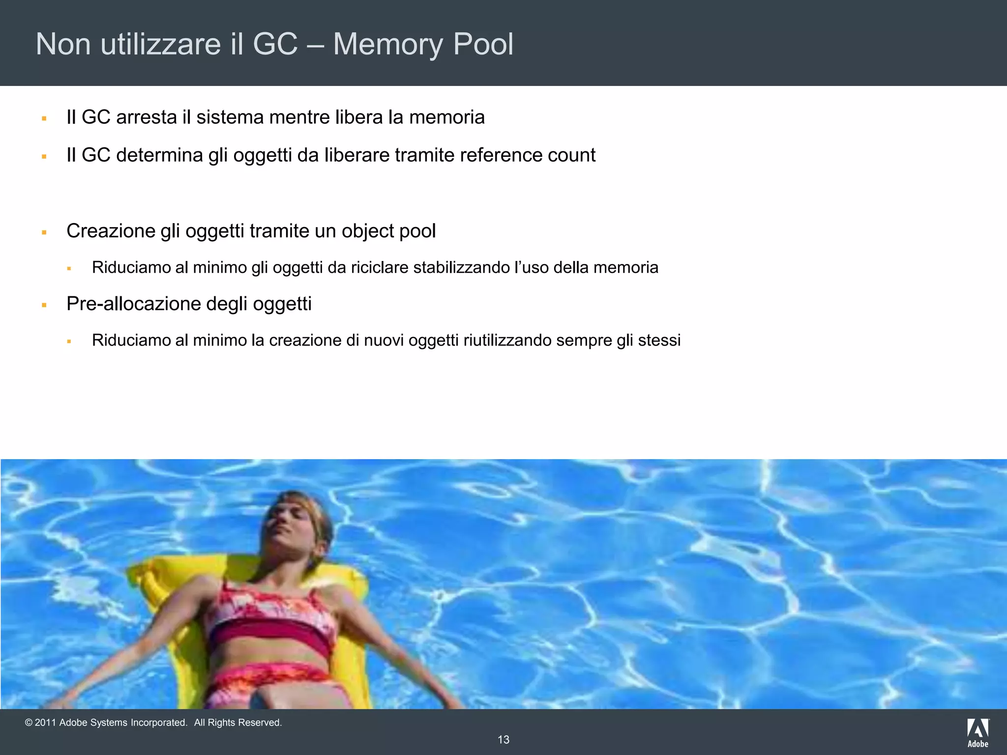 8Capireil GC – Reference CountOgnioggetto ha assegnato un contatoredeipuntatori ad essoL’oggettodiventa “garbaggiabile” quandoilsuocontatore è a zero:VANTAGGIO: è quantopiùprossimo ad unagestionedeterministicadellamemoriaSVANTAGGIO: se due oggettisonocollegatitralororeciprocamente e non c’ènessunpuntatoreaccessibiledalprogramma per recuperarliilrisultato è un MEMORY LEAKA 1B 1LEAK!SingletonA 1