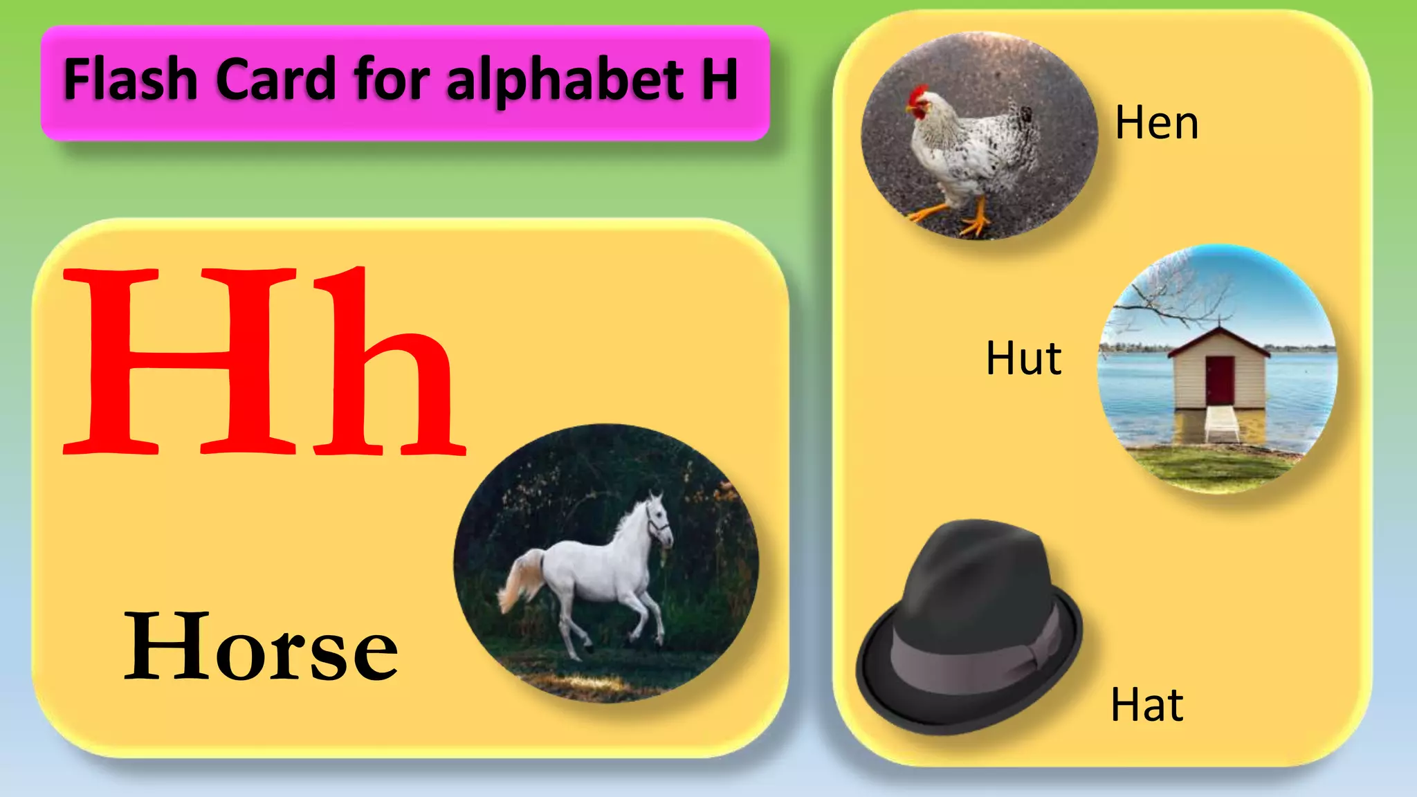 Hh
Horse
Hen
Hut
Hat
Flash Card for alphabet H
 