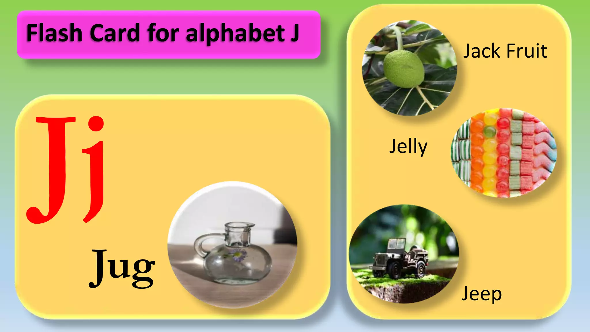 Jj
Jug
Jack Fruit
Jelly
Jeep
Flash Card for alphabet J
 