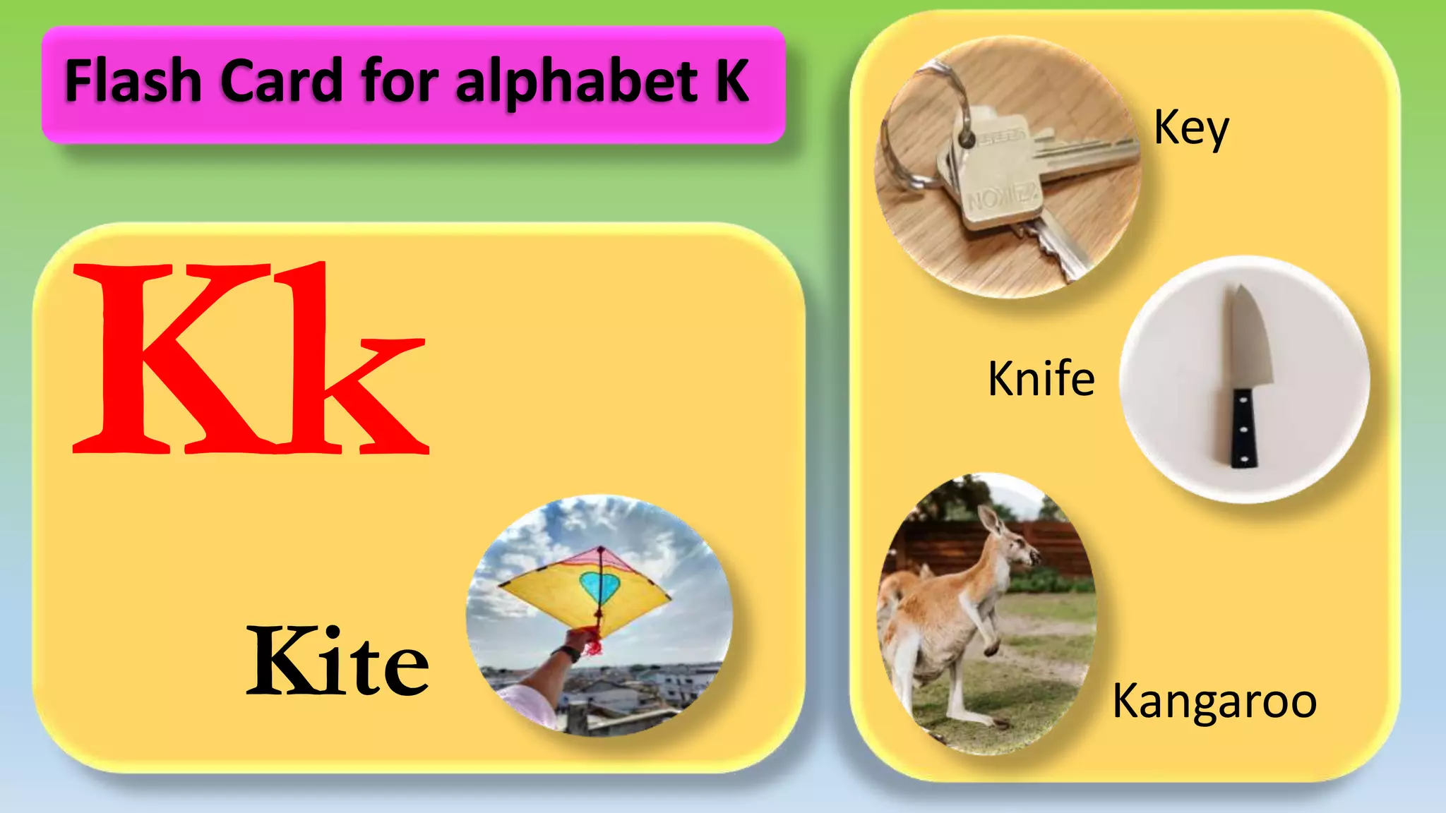 Kk
Kite
Key
Knife
Kangaroo
Flash Card for alphabet K
 