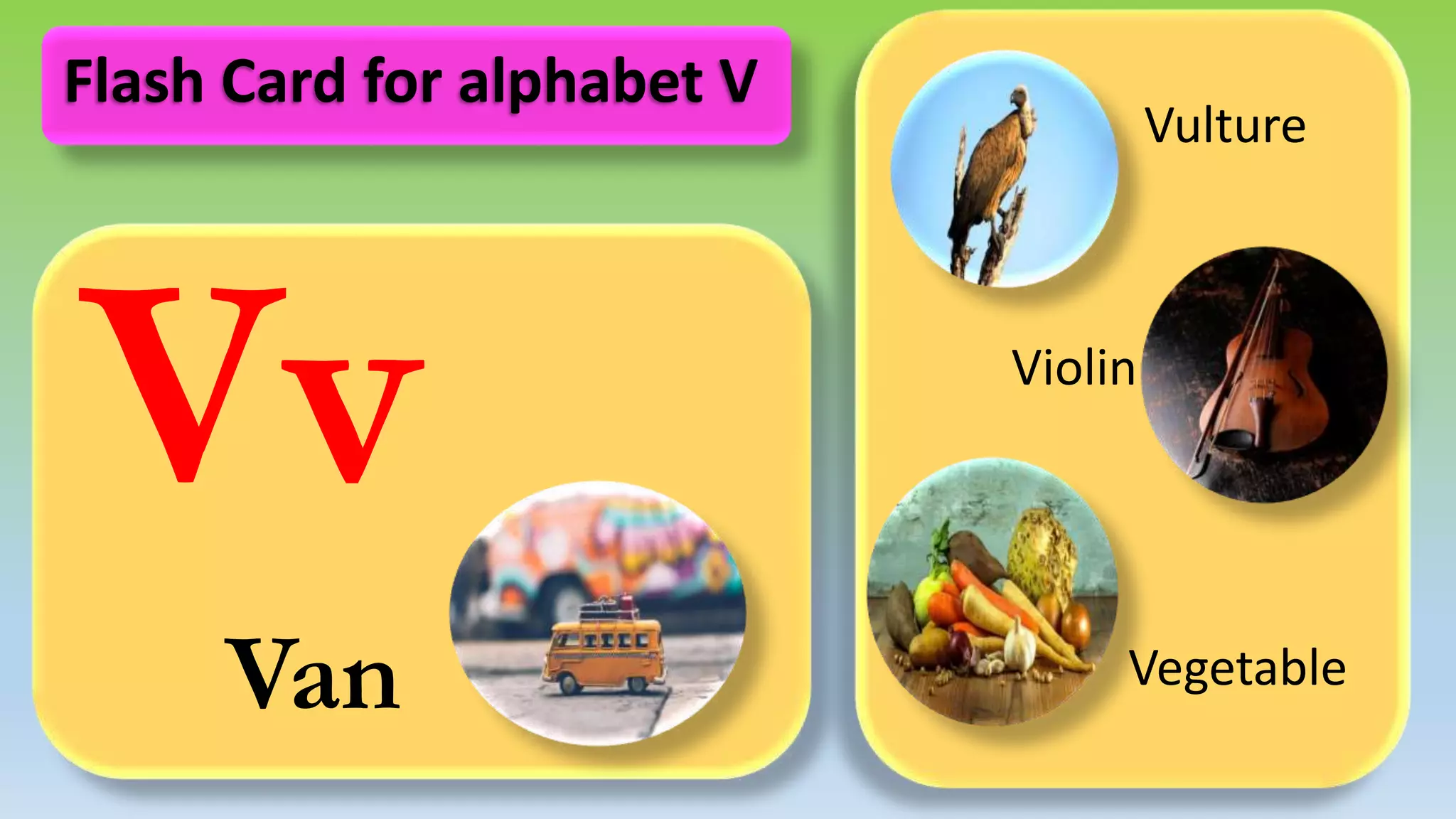 Vv
Van
Vulture
Violin
Vegetable
Flash Card for alphabet V
 