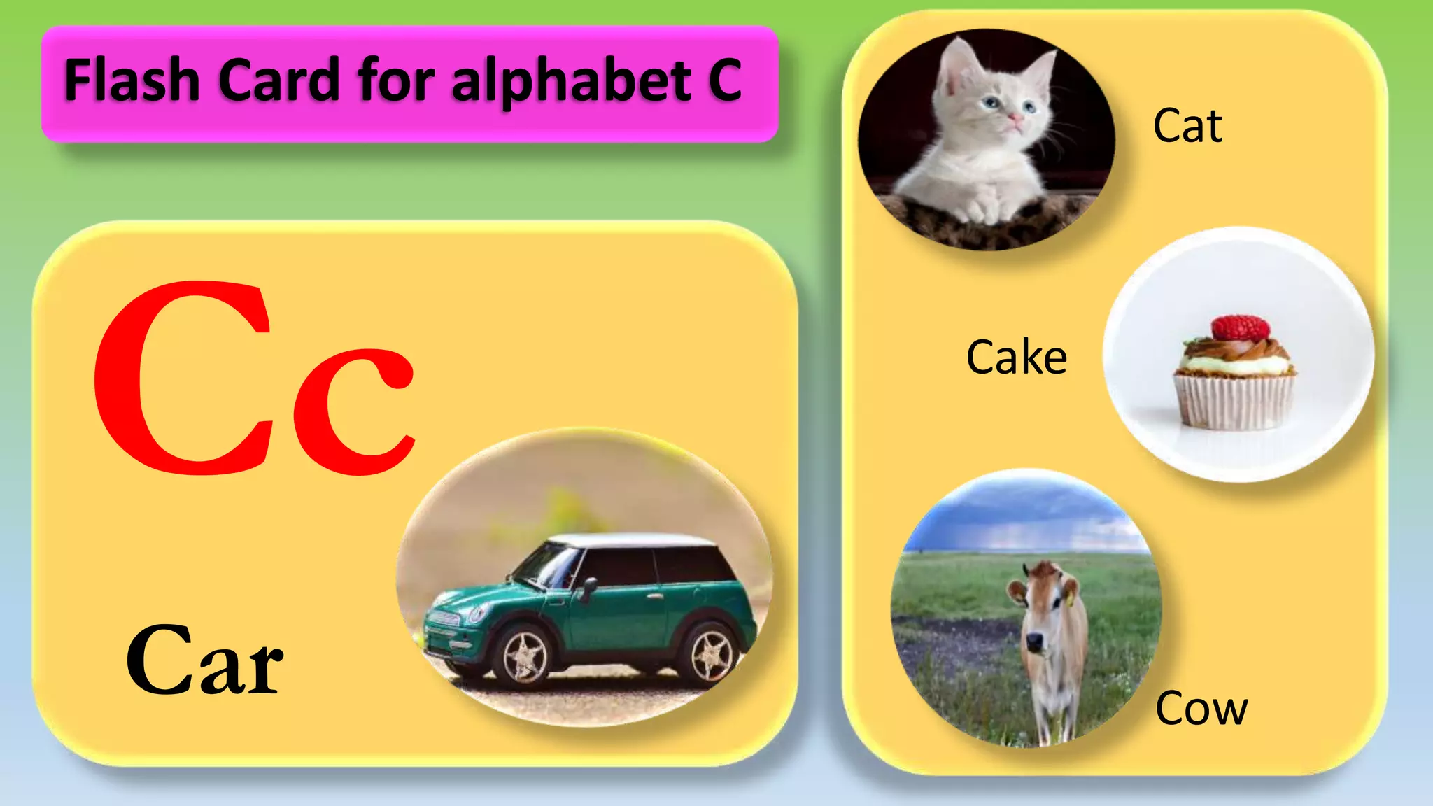 Cc
Car
Cat
Cake
Cow
Flash Card for alphabet C
 