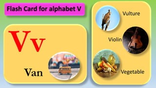 Vv
Van
Vulture
Violin
Vegetable
Flash Card for alphabet V
 