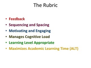 The Rubric Feedback Sequencing and Spacing Motivating and Engaging   Manages Cognitive Load Learning Level Appropriate Maximizes Academic Learning Time (ALT) 