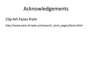Acknowledgements Clip Art Faces from  http://www.best-of-web.com/search_term_pages/faces.html 