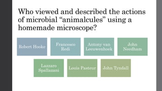 Who viewed and described the actions
of microbial “animalcules” using a
homemade microscope?
Robert Hooke
Francesco
Redi
Antony van
Leeuwenhoek
John
Needham
Lazzaro
Spallazani
Louis Pasteur John Tyndall
 