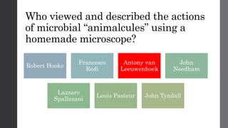 Who viewed and described the actions
of microbial “animalcules” using a
homemade microscope?
Robert Hooke
Francesco
Redi
Antony van
Leeuwenhoek
John
Needham
Lazzaro
Spallazani
Louis Pasteur John Tyndall
 