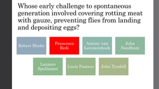 Whose early challenge to spontaneous
generation involved covering rotting meat
with gauze, preventing flies from landing
and depositing eggs?
Robert Hooke
Francesco
Redi
Antony van
Leeuwenhoek
John
Needham
Lazzaro
Spallazani
Louis Pasteur John Tyndall
 