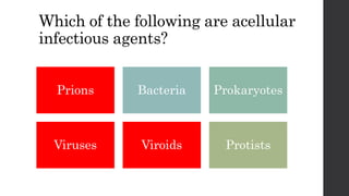 Which of the following are acellular
infectious agents?
Prions Bacteria Prokaryotes
Viruses Viroids Protists
 
