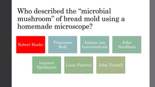Who described the “microbial
mushroom” of bread mold using a
homemade microscope?
Robert Hooke
Francesco
Redi
Antony van
Leeuwenhoek
John
Needham
Lazzaro
Spallazani
Louis Pasteur John Tyndall
 