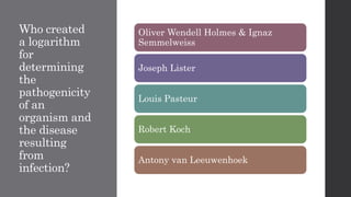 Who created
a logarithm
for
determining
the
pathogenicity
of an
organism and
the disease
resulting
from
infection?
Oliver Wendell Holmes & Ignaz
Semmelweiss
Joseph Lister
Louis Pasteur
Robert Koch
Antony van Leeuwenhoek
 