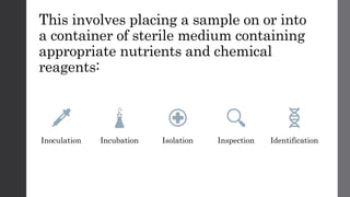 This involves placing a sample on or into
a container of sterile medium containing
appropriate nutrients and chemical
reagents:
Inoculation Incubation Isolation Inspection Identification
 