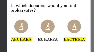 In which domain/s would you find
prokaryotes?
ARCHAEA EUKARYA BACTERIA
 