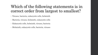 Which of the following statements is in
correct order from largest to smallest?
• Viruses, bacteria, eukaryotic cells, helminth
• Bacteria, viruses, helminth, eukaryotic cells
• Eukaryotic cells, helminth, viruses, bacteria
• Helminth, eukaryotic cells, bacteria, viruses
 
