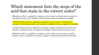 Which statement lists the steps of the
acid-fast stain in the correct order?
• Methylene blue is applied to sample, excess stain is rinsed away, sample is
decolorized with acid-alcohol, carbol-fuchsin stain is applied to sample
• Carbol-fuchsin stain is applied to sample, excess stain is rinsed away,
sample is decolorized with acid-alcohol, methylene blue is applied to sample.
• Carbol-fuchsin stain is applied to sample, sample is decolorized with acid-
alcohol, methylene blue is applied to sample, excess stain is rinsed away
• Methylene blue is applied to sample, excess stain is rinsed away, carbol-
fuchsin stain is applied to sample, sample is decolorized with acid-alcohol
 