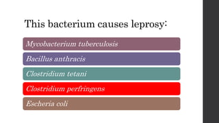 This bacterium causes leprosy:
Mycobacterium tuberculosis
Bacillus anthracis
Clostridium tetani
Clostridium perfringens
Escheria coli
 