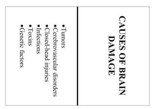 CAUSESOFBRAIN
DAMAGE
Tumors
Cerebrovasculardisorders
Closed-headinjuries
Infections
Toxins
Geneticfactors
 