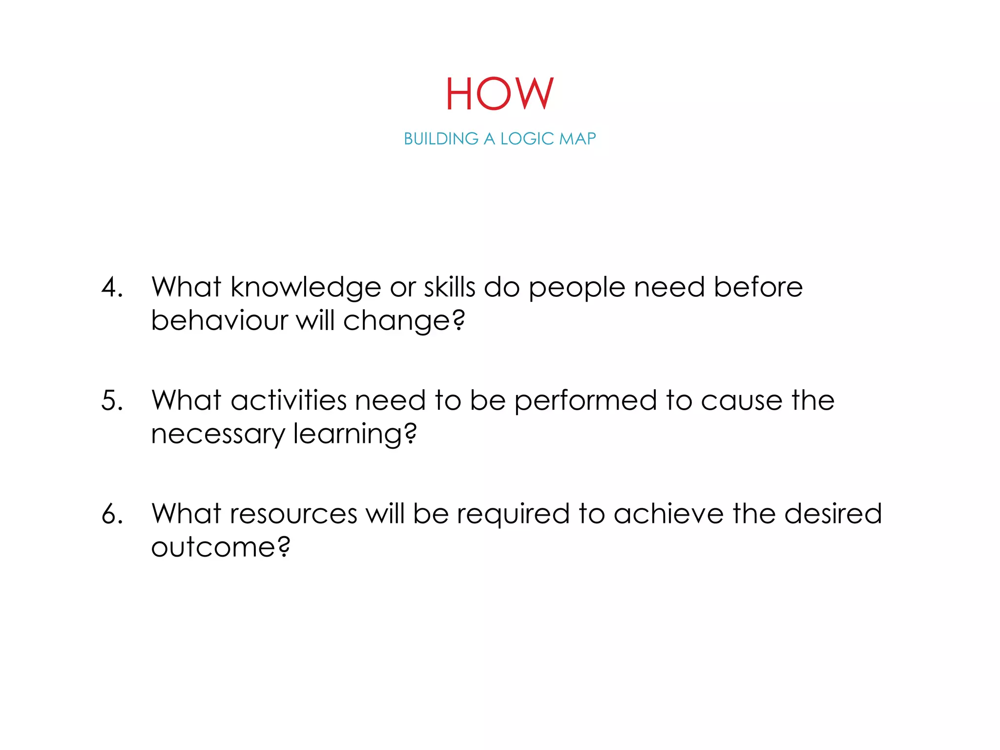 HOW
4. What knowledge or skills do people need before
behaviour will change?
5. What activities need to be performed to cause the
necessary learning?
6. What resources will be required to achieve the desired
outcome?
BUILDING A LOGIC MAP
 