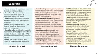 Geografia
Biomas do Brasil
- Bioma Caatinga: ocupa grande parte do
nordeste do país. Com clima semiárido (27º
a 32ºc). Possui vegetação arbustiva de
médio porte com folhas adaptadas para
períodos de longas secas.
- Bioma Mata Atlântica: Ocupa a faixa
litorânea do país. Com clima tropical-úmido
com altas temperaturas e alto índice
pluviométrico. Possui árvores e grande e
médio-porte, formando uma floresta densa
e fechada.
- Bioma Pantanal: considerado o de
menor extensão. Com clima tropical
continental com altas temperaturas e
chuvas constantes no verão, já o inverno, é
consideravelmente seco.
- Bioma pampa: na porção sul do país,
com clima subtropical e possui vegetação
rasteira e arvores de pequeno porte.
Biomas do Brasil Biomas do mundo
10
- Bioma: conjunto de ecossistemas com
diversidade biológica própria.
- Bioma Amazônia: o maior bioma
brasileiro, com maior reserva de
diversidade biológica do mundo.
Clima quente e úmido (30º a 40ºc), com
árvores de grande porte que suportam
inundações.
Estados: Acre, Amapá, Amazonas, Pará,
Roraima, Rondônia, Mato Grosso,
Maranhão e Tocantins.
- Bioma Cerrado: considerado o segundo
maior bioma. Clima tropical sazonal com
períodos de chuvas e secas. (23º a 40ºc).
Árvores de troncos retorcidos, gramíneas e
arbustos.
Estados: Maranhão, DF, Goiás, Mato
Grosso do Sul, Minas Gerais e Tocantins.
-
- Tundra: localizado no Polo Ártico, Canadá,
Europa e Ásia. Com clima de temperaturas
negativas, o verão é frio e o inverno severo.
Em sua vegetação apresenta musgos,
líquens, gramíneas e pequenos arbustos.
- Taiga: localizado no hemisfério norte.
Com clima frio mas com uma estação mais
quente e amena. A vegetação tem
pinheiros e abetos.
- Floresta Temperada: localizado na
Europa e América do Norte. Seu clima é
temperado e com as quatros estações e
bem definidas. A vegetação apresenta
carvalhos e faias.
- Savanas: localizado na África, Ásia,
Austrália e Américas. Com clima tropical e
uma das estações seca e a outra úmida.
Campos com arbustos espaçados.
- Deserto: localizado na África e Ásia. Baixa
ou nula pluviosidade e vegetação composta
por longas faixas de areia.
20
Licenciado para - Pavel Kalashinikov - 23746808863 - Protegido por Eduzz.com
 