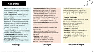 Geografia
Geologia
- Intemperismo físico: é induzido pela
variação de temperatura e de pressão,
ocasionando a fragmentação do relevo.
- Intemperismo químico: por meio de
reações químicas altera a composição
química do relevo. Os principais processos
são: hidrólise, a hidratação, a oxidação, a
redução, a carbonatação e a dissolução.
- Intemperismo Biológico: decomposição
de seres vivos.
-Erosão: processo natural acelerado pela
ação humana
- Laminar: lavagem superficial do solo
- Sulco: grandes fendas formadas pela ação
das águas
- Ravinas: erosão profunda
- Voçoroca: atinfe o lençol freático
- As curvas de níveis são feitas para
evitarem a erosão natural do solo.
Geologia Fontes de Energia
10
- Minerais: substâncias sólidas, naturais e
inorgânicas que intervêm na natureza de
forma física e química.
- Materiais orgânicos fósseis: petróleo,
gás natural, óleos minerais, carvões,
resinas e asfalto.
- Rochas: agregados naturais constituídos
por minerais, podendo ser sedimentares
(matéria orgânica), magmáticas (magma,
granito) e metamórficas (sofreram
alteração na estrutura).
- Relevos: paisagens físicas constituídas
por agentes endógenos (fatores internos) e
exógenos (fatores externos)
- Tipos de Relevo: planícies (até 100m),
planaltos (acima de 300m), montanhas e
depressões (100 a 500m).
- Relevo brasileiro: planaltos, planícies e
depressões.
- Matérias-primas que direta ou
indiretamente produzem energia para
movimentar a vida humana. Podem ser
renováveis ou não renováveis.
- Energias Renováveis
- Hidrelétrica: oriunda da força da água
dos rios, produz alagamentos e
aquecimento dos rios, afetando as
comunidades ribeirinhas.
- Solar: calor e a luz do sol
- Eólica: força dos ventos
- Geotérmica: calor do interior da terra
- Biomassa: matérias orgânicas
- Marés e oceanos: força das ondas
- Hidrogênio: reação entre hidrogênio e
oxigênio
23
Licenciado para - Pavel Kalashinikov - 23746808863 - Protegido por Eduzz.com
 