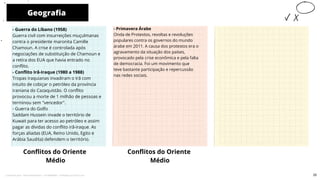 Geografia
Conflitos do Oriente
Médio
- Primavera Árabe
Onda de Protestos, revoltas e revoluções
populares contra os governos do mundo
árabe em 2011. A causa dos protestos era o
agravamento da situação dos países,
provocado pela crise econômica e pela falta
de democracia. Foi um movimento que
teve bastante participação e repercussão
nas redes sociais.
Conflitos do Oriente
Médio
10
- Guerra do Líbano (1958)
Guerra civil com insurreições muçulmanas
contra o presidente maronita Camille
Chamoun. A crise é controlada após
negociações de substituição de Chamoun e
a retira dos EUA que havia entrado no
conflito.
- Conflito Irã-Iraque (1980 a 1988)
Tropas iraquianas invadiram o Irã com
intuito de cobiçar o petróleo da província
iraniana do Cazaquistão. O conflito
provocou a morte de 1 milhão de pessoas e
terminou sem "vencedor".
- Guerra do Golfo
Saddam Hussein invade o território de
Kuwait para ter acesso ao petróleo e assim
pagar as dívidas do conflito irã-iraque. As
forças aliadas (EUA, Reino Unido, Egito e
Arábia Saudita) defendem o território.
25
Licenciado para - Pavel Kalashinikov - 23746808863 - Protegido por Eduzz.com
 