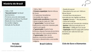História do Brasil
Período
Pré-Colonial
- 1500 a 1530
- "Descobrimento" do Brasil
- Quinhentismo
- Primeiros anos de colonização
- Exploração econômica: Pau-Brasil
- Moeda de troca: Escambo
- Escravidão indígena
- Extinção do Pau-Brasil
- 1530 a 1822
- Primeira expedição: Martim Afonso
de Souza
-15 Capitanias Hereditárias
- Escravidão dos negros
- Exploração econômica: Açucareira
- Governo geral criado em 1548
- 1º governador: Tomé de Souza
Implementou várias leis impostas pelo
império português
- 2º governador: Duarte Costa
Enfrentou disputa francesa de território
que colava em risco a posse lusitana.
- 3º governador: Mem de Sá
Aqueceu a economia, expulsou
franceses e desestimulou a escravidão
indígena.
Brasil Colônia Ciclo do Ouro e Diamantes
- Queda do açucar
- Descoberta do ouro em 1690 em
Minas Gerais
- Grande fluxo de pessoas e
mercadorias nas regiões auríferas
- Capital: Salvador -> Rio de Janeiro
- Casas de fundição
- Mecanismo de controle dos minérios
- Quinto: 20% da produção ao rei
- Derrama: 1.500kg de ouro anual
- Capitação: Imposto pago pelo senhor
de lavras por cada escravo que
trabalhava
1
Licenciado para - Pavel Kalashinikov - 23746808863 - Protegido por Eduzz.com
 