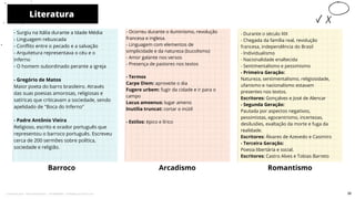 Literatura
Barroco
- Ocorreu durante o iluminismo, revolução
francesa e inglesa.
- Linguagem com elementos de
simplicidade e da natureza (bucolismo)
- Amor galante nos versos
- Presença de pastores nos textos
- Termos
Carpe Diem: aproveite o dia
Fugere urbem: fugir da cidade e ir para o
campo
Locus amoenus: lugar ameno
Inutilia truncat: cortar o inútil
- Estilos: épico e lírico
Arcadismo
10
- Surgiu na Itália durante a Idade Média
- Linguagem rebuscada
- Conflito entre o pecado e a salvação
- Arquitetura representava o céu e o
inferno
- O homem subordinado perante a igreja
- Gregório de Matos
Maior poeta do barro brasileiro. Através
das suas poesias amorosas, religiosas e
satíricas que criticavam a sociedade, sendo
apelidado de "Boca do Inferno"
- Padre Antônio Vieira
Religioso, escrito e orador português que
representou o barroco português. Escreveu
cerca de 200 sermões sobre política,
sociedade e religião.
Romantismo
- Durante o século XIX
- Chegada da família real, revolução
francesa, independência do Brasil
- Individualismo
- Nacionalidade enaltecida
- Sentimentalismo e pessimismo
- Primeira Geração:
Natureza, sentimentalismo, religiosidade,
ufanismo e nacionalismo estavam
presentes nos textos.
Escritores: Gonçalves e José de Alencar
- Segunda Geração:
Pautada por aspectos negativos,
pessimistas, egocentrismo, incertezas,
desilusões, exaltação da morte e fuga da
realidade.
Escritores: Álvares de Azevedo e Casimiro
- Terceira Geração:
Poesia libertária e social.
Escritores: Castro Alves e Tobias Barreto
36
Licenciado para - Pavel Kalashinikov - 23746808863 - Protegido por Eduzz.com
 