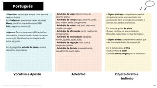 Português
Vocativo e Aposto
- Advérbio de lugar: dentro, fora, ali,
adiante, acima.
- Advérbio de tempo: logo, amanhã, cedo,
pois, ontem, tarde, antigamente.
- Advérbio de modo: mal, pior, depressa,
rápido e devagar.
- Advérbio de afirmação: certo, realmente,
efetivamente.
- Advérbio de intensidade: bastante,
menos, quanto, quão, tudo.
- Advérbio de negação: não, nunca,
tampouco, jamais.
- Advérbio de dúvida: provavelmente,
casualmente, quem sabe.
Advérbio
10
- Vocativo: termo que invoca uma pessoa
real ou fictícia
Ex: Professor, queremos saber as notas
Manu, você foi maravilhosa no BBB
Luiz, pague as contas já!
- Aposto: Termo que exemplifica melhor
outro valor já mencionado anteriormente
na oração. Geralmente está separando
entre vírgulas.
Ex: A geografia, estudo da terra, é uma
disciplina importante
Objeto direto e
indireto
- Objeto indireto: complemento verbal
obrigatoriamente acompanhado por
preposição. Tem a função de completa o
sentido dos verbos transitivos.
Ex: meu pai gosta de pizza
O povo confiou no seu presidente
Desculpe, não posso ir à tua formatura
- Objeto direto: complemento verbal que
não é acompanhado de preposição
Ex: O pai abraçou a filha
Você conhece o José?
Convidei meus amigos para a formatura
43
Licenciado para - Pavel Kalashinikov - 23746808863 - Protegido por Eduzz.com
 