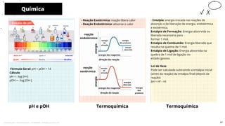- Entalpia: energia trocada nas reações de
absorção e de liberação de energia, endotérmica
e exotérmica.
Entalpia de Formação: Energia absorvida ou
liberada necessária para
formar 1 mol.
Entalpia de Combustão: Energia liberada que
resulta na queima de 1 mol.
Entalpia de Ligação: Energia absorvida na
quebra de 1 mol de ligação no
estado gasoso.
Lei de Hess
Pode ser calculada subtraindo a entalpia inicial
(antes da reação) da entalpia final (depois da
reação)
ΔH = Hf – Hi
Fórmula Geral: pH + pOH = 14
Cálculo
pH = - log [H+]
pOH = - log [OH-]
Química
pH e pOH Termoquímica
10
Termoquímica
- Reação Exotérmica: reação libera calor
- Reação Endotérmica: absorve o calor
57
Licenciado para - Pavel Kalashinikov - 23746808863 - Protegido por Eduzz.com
 