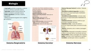 - Sistema Nervoso Central: Encéfalo + Medula
Espinhal
- Hemisfério cerebral esquerdo: controla o
lado direito e é responsável pelas habilidades
espaciais e lógicas
- Hemisfério cerebral direito: controla o lado
esquerdo e é responsável pelas habilidades de
linguagem
- Substância branca: axônios mielínicos que
transmitem impulsos nervosos
- Substância cinza: corpos de axônio e
neurônios responsáveis pelo controle da função
nervosa
- Tálamo: interpreta a dor e realiza a passagem
de impulsos
- Hipotálamo: interpreta as emoções e instintos
e realiza o controle hídrico, hormonal e térmico
- Mesencéfalo: realiza a passagem dos impulsos
- Bulbo: controla o ritmo respiratório e cardíaco
- Cerebelo: coordenação motora e equilíbrio
- Excretam urina, filtram substâncias nocivas,
reabsorvem água e sais minerais e controlam a
pressão sanguínea.
- Partes do Néfron:
Cápsula de Bowman: filtração
Túbulo contorcido proximal: reabsorção de
substâncias
Alça de Henle: reabsorvem H2O
Túbulo contorcido distal: secreção de
excrementos
Ducto coletor de urina: reabsorção de H2O
- ADH: promove a retenção de água
- Aldosterona: reabsorve sódio, água e sais
minerais.
Sistema Excretor
- Inspiração: pulmão se expande, o volume
aumenta e diminui a pressão torácica
- Expiração: pulmão contrai, diminui de
volume e aumenta a pressão torácica
- Bulbo raquidiano: controla o sistema
respiratório
- Realiza transporte de gases como oxigênio,
gás carbônico
Biologia
Sistema Respiratório
10
Sistema Nervoso
60
Licenciado para - Pavel Kalashinikov - 23746808863 - Protegido por Eduzz.com
 