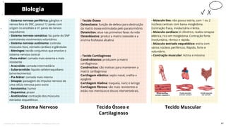 - Músculo liso: não possui estria, com 1 ou 2
núcleos centrais com baixa mioglobina.
Contração fraca, involuntária e lenta.
- Músculo cardíaco: é cilíndrico, realiza sinapse
elétrica, rico em mioglobina. Contração forte,
involuntária, rítmica e rápida.
- Músculo estriado esquelético: estria com
vários núcleos periféricos. Rápido, forte e
voluntário.
- Contração muscular: Actina e miosina
- Tecido Ósseo
Osteoclasto: função de defesa para destruição
da matriz óssea estimulada pelo paratormônio
Osteócitos: atua nas primeiras fases da vida
Osteoblastos: produz a matriz osteoide e a
enzima fosfatase alcalina
- Tecido Cartilaginoso
Condroblastos: produzem a matriz
cartilaginosa
Condrocitos: são inativas para manterem a
matriz cartilaginosa
Cartilagem elástica: septo nasal, orelha e
epiglote
Cartilagem Hialina: traqueia, nariz e laringe
Cartilagem fibrosa: são mais resistentes e
estão nos meniscos e discos intervertebrais.
Tecido Ósseo e
Cartilaginoso
- Sistema nervoso periférico: gânglios e
nervos fora do SNC, possui 12 pares com
origem no encéfalo e 31 pares de nervos
raquidianos
- Sistema nervoso somático: faz parte do SNP
controlando movimentos voluntários
- Sistema nervoso autônomo: controla
músculos lisos, estriado cardíaco e glândulas
- Meninges: tecido conjuntivo que envolve o
sistema nervoso central
-Dura-máter: camada mais externa e mais
resistente
- Aracnóide: camada intermediária
- Subaracnóide: liquido cefalorraquidiano
(amortecimento)
- Pia-Máter: camada mais interna
- Sinapse: passagem do impulso nervoso de
uma célula nervosa para outra
- Serotonina: humor
- Dopamina: prazer
- Acetilcolina: contração dos músculos
estriados esqueléticos
Biologia
Sistema Nervoso
10
Tecido Muscular
61
Licenciado para - Pavel Kalashinikov - 23746808863 - Protegido por Eduzz.com
 
