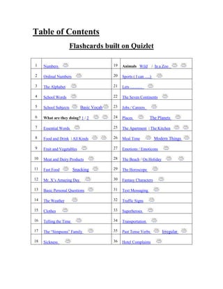 Table of Contents
                       Flashcards built on Quizlet

1    Numbers                              19   Animals Wild / In a Zoo

2    Ordinal Numbers                      20   Sports ( I can ….)

3    The Alphabet                         21   Lets ………

4    School Words                         22   The Seven Continents

5    School Subjects        Basic Vocab   23   Jobs / Careers

6    What are they doing? 1 / 2           24   Places           The Planets

7    Essential Words                      25   The Apartment | The Kitchen

8    Food and Drink | All Kinds           26   Meal Time            Modern Things

9    Fruit and Vegetables                 27   Emotions / Emoticons

10   Meat and Dairy Products              28   The Beach / On Holiday

11   Fast Food          Snacking          29   The Horoscope

12   Mr. X’s Amazing Day                  30   Fantasy Characters

13   Basic Personal Questions             31   Text Messaging

14   The Weather                          32   Traffic Signs

15   Clothes                              33   Superheroes

16   Telling the Time                     34   Transportation

17   The “Simpsons” Family                35   Past Tense Verbs         Irregular

18   Sickness                             36   Hotel Complaints
 