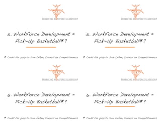 6. Workforce Development =                                    6. Workforce Development =
     Pick-Up Basketball*?                                          Pick-Up Basketball*?


* Credit for quip to Sam Leiken, Council on Competitiveness   * Credit for quip to Sam Leiken, Council on Competitiveness




  6. Workforce Development =                                    6. Workforce Development =
     Pick-Up Basketball*?                                          Pick-Up Basketball*?


* Credit for quip to Sam Leiken, Council on Competitiveness   * Credit for quip to Sam Leiken, Council on Competitiveness
 