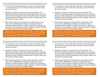 ✓ The location of work matters less and less. Technology helps              ✓ The location of work matters less and less. Technology helps
  us connect from home, the ofﬁce, the road, even from the air,               us connect from home, the ofﬁce, the road, even from the air,
  all over the world.                                                         all over the world.

✓ Workforce “partners” go beyond the usual suspects. The                    ✓ Workforce “partners” go beyond the usual suspects. The
  distinctions between public and private, partner and customer               distinctions between public and private, partner and customer
  blur as private organizations and individuals become important              blur as private organizations and individuals become important
  workforce actors. Workforce leaders seek to bridge, blend, and              workforce actors. Workforce leaders seek to bridge, blend, and
  otherwise link these worlds.                                                otherwise link these worlds.

✓ Planning and doing are no longer linear, sequential, or long-             ✓ Planning and doing are no longer linear, sequential, or long-
  term. Some collaborations emerge to resolve short-term                      term. Some collaborations emerge to resolve short-term
  problems, others operate on longer time horizons. Strategy is               problems, others operate on longer time horizons. Strategy is
  essential and increasingly complex. Workforce leaders struggle              essential and increasingly complex. Workforce leaders struggle
  to support change while providing stability.                                to support change while providing stability.
 “Leadership has to see a greater range of changes coming and deal with      “Leadership has to see a greater range of changes coming and deal with
 them faster and better than ever before. We do what we can to anticipate    them faster and better than ever before. We do what we can to anticipate
 change – and make sure what we design is sustainable after the ﬂurry is     change – and make sure what we design is sustainable after the ﬂurry is
 over. Reaction time is critical.” – Mike, WIB Marketing Specialist          over. Reaction time is critical.” – Mike, WIB Marketing Specialist




✓ The location of work matters less and less. Technology helps              ✓ The location of work matters less and less. Technology helps
  us connect from home, the ofﬁce, the road, even from the air,               us connect from home, the ofﬁce, the road, even from the air,
  all over the world.                                                         all over the world.

✓ Workforce “partners” go beyond the usual suspects. The                    ✓ Workforce “partners” go beyond the usual suspects. The
  distinctions between public and private, partner and customer               distinctions between public and private, partner and customer
  blur as private organizations and individuals become important              blur as private organizations and individuals become important
  workforce actors. Workforce leaders seek to bridge, blend, and              workforce actors. Workforce leaders seek to bridge, blend, and
  otherwise link these worlds.                                                otherwise link these worlds.

✓ Planning and doing are no longer linear, sequential, or long-             ✓ Planning and doing are no longer linear, sequential, or long-
  term. Some collaborations emerge to resolve short-term                      term. Some collaborations emerge to resolve short-term
  problems, others operate on longer time horizons. Strategy is               problems, others operate on longer time horizons. Strategy is
  essential and increasingly complex. Workforce leaders struggle              essential and increasingly complex. Workforce leaders struggle
  to support change while providing stability.                                to support change while providing stability.
 “Leadership has to see a greater range of changes coming and deal with      “Leadership has to see a greater range of changes coming and deal with
 them faster and better than ever before. We do what we can to anticipate    them faster and better than ever before. We do what we can to anticipate
 change – and make sure what we design is sustainable after the ﬂurry is     change – and to make sure that what we design is sustainable after the
 over. Reaction time is critical.” – Mike, WIB Marketing Specialist          ﬂurry is done. Reaction time is critical.” – Mike, Marketing Specialist
 