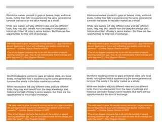 Workforce leaders pointed to gaps at federal, state, and local            Workforce leaders pointed to gaps at federal, state, and local
levels, noting their ﬁeld is experiencing the same generational           levels, noting their ﬁeld is experiencing the same generational
turnover that exists in the labor market as a whole.                      turnover that exists in the labor market as a whole.

While new leaders will play different roles and use different             While new leaders will play different roles and use different
tools, they may also beneﬁt from the deep knowledge and                   tools, they may also beneﬁt from the deep knowledge and
historical context of today’s senior leaders. But there are few           historical context of today’s senior leaders. But there are few
opportunities for this kind of exchange.                                  opportunities for this kind of exchange.



"We really need to grow the people coming behind us. Large transitions     "We really need to grow the people coming behind us. Large transitions
are just beginning to occur and cultivating new leaders could be very      are just beginning to occur and cultivating new leaders could be very
powerful.” – Cynthia, Deputy Director of WFD                               powerful.” – Cynthia, Deputy Director of WFD
“One of our biggest concerns has to do with the number of people           “One of our biggest concerns has to do with the number of people
reaching retirement age...how do we institutionalize the knowledge and     reaching retirement age...how do we institutionalize the knowledge and
skills they have?” – Roy, Program DIrector                                 skills they have?” – Roy, Program DIrector




Workforce leaders pointed to gaps at federal, state, and local            Workforce leaders pointed to gaps at federal, state, and local
levels, noting their ﬁeld is experiencing the same generational           levels, noting their ﬁeld is experiencing the same generational
turnover that exists in the labor market as a whole.                      turnover that exists in the labor market as a whole.

While new leaders will play different roles and use different             While new leaders will play different roles and use different
tools, they may also beneﬁt from the deep knowledge and                   tools, they may also beneﬁt from the deep knowledge and
historical context of today’s senior leaders. But there are few           historical context of today’s senior leaders. But there are few
opportunities for this kind of exchange.                                  opportunities for this kind of exchange.



 "We really need to grow the people coming behind us. Large transitions   "We really need to grow the people coming behind us. Large transitions
 are just beginning to occur and cultivating new leaders could be very    are just beginning to occur and cultivating new leaders could be very
 powerful.” – Cynthia, Deputy Director of WFD                             powerful.” – Cynthia, Deputy Director of WFD
 “One of our biggest concerns has to do with the number of people         “One of our biggest concerns has to do with the number of people
 reaching retirement age...how do we institutionalize the knowledge and   reaching retirement age...how do we institutionalize the knowledge and
 skills they have?” – Roy, Program DIrector                               skills they have?” – Roy, Program DIrector
 