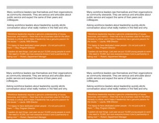 Many workforce leaders see themselves and their organizations               Many workforce leaders see themselves and their organizations
as community stewards. They are serious and articulate about                as community stewards. They are serious and articulate about
public service and expect the same of their peers and                       public service and expect the same of their peers and
colleagues.                                                                 colleagues.

Asking workforce leaders about leadership quickly elicits                   Asking workforce leaders about leadership quickly elicits
conversation about what really matters in the ﬁeld and why.                 conversation about what really matters in the ﬁeld and why.

"Workforce leadership requires a genuine understanding of issues,           "Workforce leadership requires a genuine understanding of issues,
resources, and metrics – there has to be a business case for the effort.    resources, and metrics – there has to be a business case for the effort.
Honesty is critical, and it helps if leadership has a genuine passion for   Honesty is critical, and it helps if leadership has a genuine passion for
the issues.” – Laurie, WIB Director                                         the issues.” – Laurie, WIB Director
“I’m happy to have dedicated career people - it’s not just a job to         “I’m happy to have dedicated career people - it’s not just a job to
them.” – Roy, Program Director                                              them.” – Roy, Program Director
“Leaders do real things. Last year we put 15,000 young people to work       “Leaders do real things. Last year we put 15,000 young people to work
– the need is 70,000, but now everyone knows it and a partnership is        – the need is 70,000, but now everyone knows it and a partnership is
taking root.” – Robert, Department Manager                                  taking root.” – Robert, Department Manager




Many workforce leaders see themselves and their organizations               Many workforce leaders see themselves and their organizations
as community stewards. They are serious and articulate about                as community stewards. They are serious and articulate about
public service and expect the same of their peers and                       public service and expect the same of their peers and
colleagues.                                                                 colleagues.

Asking workforce leaders about leadership quickly elicits                   Asking workforce leaders about leadership quickly elicits
conversation about what really matters in the ﬁeld and why.                 conversation about what really matters in the ﬁeld and why.

"Workforce leadership requires a genuine understanding of issues,           "Workforce leadership requires a genuine understanding of issues,
resources, and metrics – there has to be a business case for the effort.    resources, and metrics – there has to be a business case for the effort.
Honesty is critical, and it helps if leadership has a genuine passion for   Honesty is critical, and it helps if leadership has a genuine passion for
the issues.” – Laurie, WIB Director                                         the issues.” – Laurie, WIB Director

“I’m happy to have dedicated career people - it’s not just a job to         “I’m happy to have dedicated career people - it’s not just a job to
them.” – Roy, Program Director                                              them.” – Roy, Program Director

“Leaders do real things. Last year we put 15,000 young people to work       “Leaders do real things. Last year we put 15,000 young people to work
– the need is 70,000, but now everyone knows it and a partnership is        – the need is 70,000, but now everyone knows it and a partnership is
taking root.” – Robert, Department Manager                                  taking root.” – Robert, Department Manager
 