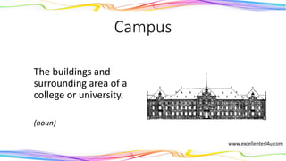 Campus
The buildings and
surrounding area of a
college or university.
(noun)
 