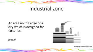Industrial zone
An area on the edge of a
city which is designed for
factories.
(noun)
 