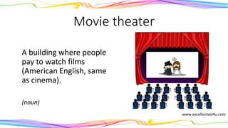 Movie theater
A building where people
pay to watch films
(American English, same
as cinema).
(noun)
 