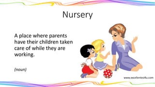 Nursery
A place where parents
have their children taken
care of while they are
working.
(noun)
 