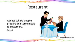 Restaurant
A place where people
prepare and serve meals
to customers.
(noun)
 