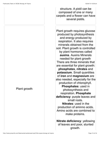 02/05/15 10:28 amFlashcards Table on IGCSE Biology All Topics
Page 10 of 34http://www.proprofs.com/ﬂashcards/cardshowall.php?title=igcse-biology-all-topics
structure. A pistil can be
composed of one or many
carpels and a flower can have
several pistils.
Plant growth
Plant growth requires glucose
produced by photosynthesis
and energy produced by
respiration. It also requires
minerals obtained from the
soil. Plant growth is controlled
by plant hormones called
auxins. Auxins Minerals
needed for plant growth
There are three minerals that
are essential for plant growth:
phosphates, nitrates and
potassium. Small quantities
of iron and magnesium are
also needed, especially for the
production of chlorophyll.
Phosphates: used in
photosynthesis and
respiration. Phosphate
deficiency: purple leaves and
small roots.
Nitrates: used in the
production of aminno acids.
Amino acids are combined to
make proteins.
Nitrate deficiency: yellowing
of leaves and poor, stunted
growth.
 