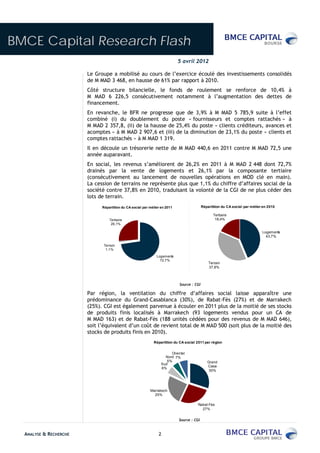 BMCE Capital Research Flash
                                                                            5 avril 2012

                        Le Groupe a mobilisé au cours de l’exercice écoulé des investissements consolidés
                        de M MAD 3 468, en hausse de 61% par rapport à 2010.
                        Côté structure bilancielle, le fonds de roulement se renforce de 10,4% à
                        M MAD 6 226,5 consécutivement notamment à l’augmentation des dettes de
                        financement.
                        En revanche, le BFR ne progresse que de 3,9% à M MAD 5 785,9 suite à l’effet
                        combiné (i) du doublement du poste « fournisseurs et comptes rattachés » à
                        M MAD 2 357,8, (ii) de la hausse de 25,4% du poste « clients créditeurs, avances et
                        acomptes » à M MAD 2 907,6 et (iii) de la diminution de 23,1% du poste « clients et
                        comptes rattachés » à M MAD 1 319.
                        Il en découle un trésorerie nette de M MAD 440,6 en 2011 contre M MAD 72,5 une
                        année auparavant.
                        En social, les revenus s’améliorent de 26,2% en 2011 à M MAD 2 448 dont 72,7%
                        drainés par la vente de logements et 26,1% par la composante tertiaire
                        (consécutivement au lancement de nouvelles opérations en MOD clé en main).
                        La cession de terrains ne représente plus que 1,1% du chiffre d’affaires social de la
                        société contre 37,8% en 2010, traduisant la volonté de la CGI de ne plus céder des
                        lots de terrain.
                              Répartition du CA social par métier en 2011                  Répartition du CA social par métier en 2010

                                                                                                  Tertiaire
                                  Tertiaire                                                        18,4%
                                   26,1%

                                                                                                                              Logem ents
                                                                                                                                43,7%

                               Terrain
                                1,1%

                                                               Logements
                                                                 72,7%
                                                                                               Terrain
                                                                                               37,8%



                                                                            Source : CGI

                        Par région, la ventilation du chiffre d’affaires social laisse apparaître une
                        prédominance du Grand-Casablanca (30%), de Rabat-Fès (27%) et de Marrakech
                        (25%). CGI est également parvenue à écouler en 2011 plus de la moitié de ses stocks
                        de produits finis localisés à Marrakech (93 logements vendus pour un CA de
                        M MAD 163) et de Rabat-Fès (188 unités cédées pour des revenus de M MAD 646),
                        soit l’équivalent d’un coût de revient total de M MAD 500 (soit plus de la moitié des
                        stocks de produits finis en 2010).
                                                             Répartition du CA social 2011 par région


                                                                       Oriental
                                                                    Nord 7%
                                                                     5%                       Grand
                                                                  Sud
                                                                                              Casa
                                                                  6%
                                                                                               30%




                                                           Marrakech
                                                             25%

                                                                                       Rabat-Fès
                                                                                         27%


                                                                            Source : CGI


  ANALYSE & RECHERCHE                                           2
 