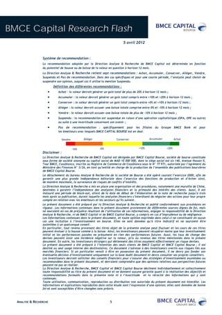 BMCE Capital Research Flash
                                                                             5 avril 2012



                 Système de recommandation :
                 La recommandation adoptée par la Direction Analyse & Recherche de BMCE Capital est déterminée en fonction
                 du potentiel de hausse ou de baisse de la valeur en question à horizon 12 mois.
                 La Direction Analyse & Recherche retient sept recommandations : Achat, Accumuler, Conserver, Alléger, Vendre,
                 Suspendu et Pas de recommandation. Dans des cas spécifiques et pour une courte période, l’analyste peut choisir de
                 suspendre son opinion, auquel cas il utilise la mention Suspendu.
                        Définition des différentes recommandations :
                            Achat : la valeur devrait générer un gain total de plus de 20% à horizon 12 mois ;
                            Accumuler : la valeur devrait générer un gain total compris entre +10% et +20% à horizon 12 mois ;
                            Conserver : la valeur devrait générer un gain total compris entre +0% et +10% à horizon 12 mois ;
                            Alléger : la valeur devrait accuser une baisse totale comprise entre 0% et -10% à horizon 12 mois ;
                            Vendre : la valeur devrait accuser une baisse totale de plus de -10% à horizon 12 mois ;
                            Suspendu : la recommandation est suspendue en raison d’une opération capitalistique (OPA, OPE ou autre)
                            ou suite à une incertitude concernant son avenir ;
                            Pas de recommandation : spécifiquement pour les filiales du Groupe BMCE Bank                          et   pour
                            les émetteurs avec lesquels BMCE CAPITAL BOURSE est en deal.

                               Vendre          Alléger                  Conserver               Accumuler           Achat


                                        -10%               +0%                          +10%                 +20%
                 Disclaimer :
                 La Direction Analyse & Recherche de BMCE Capital est désignée par BMCE Capital Bourse, société de bourse constituée
                 sous forme de société anonyme au capital social de MAD 10 000 000, dont le siège social est sis 140, Avenue Hassan II,
                 Tour BMCE, Casablanca, inscrite au Registre de Commerce de Casablanca sous le N° 77 971, autorisée par l’agrément du
                 Ministère des Finances N° 3/26, en tant qu’entité en charge de la production de l’ensemble des publications boursières
                 de BMCE Capital Bourse.
                 Le détachement du bureau Analyse & Recherche de la société de Bourse a été opéré courant l’exercice 2000, afin de
                 garantir une plus grande indépendance éditoriale dans l’exercice des fonctions de production et d’éviter ainsi,
                 de manière maximale, la survenance de risques de conflits d’intérêts.
                 La Direction Analyse & Recherche a mis en place une organisation et des procédures, notamment une muraille de Chine,
                 destinées à garantir l’indépendance des analystes financiers et la primauté des intérêts des clients. Aussi, Il est
                 instauré une période de black-out, allant de la date de début de l’élaboration de la note de recherche jusqu’à trois
                 mois après sa publication, durant laquelle les analystes financiers s’interdisent de négocier des actions pour leur propre
                 compte en relation avec les émetteurs et les secteurs qu’ils suivent.
                 Le présent document a été préparé par la Direction Analyse & Recherche et publié conformément aux procédures en
                 vigueur. Les informations contenues dans le présent document proviennent de différentes sources dignes de foi, mais
                 ne sauraient en cas de préjudice résultant de l’utilisation de ces informations, engager la responsabilité de la Direction
                 Analyse & Recherche, ni de BMCE Capital ni de BMCE Capital Bourse, y compris en cas d’imprudence ou de négligence.
                 Les informations contenues dans le présent document, et toute opinion exprimée dans celui-ci ne constituent en aucun
                 cas une incitation à l’investissement en bourse. Elles ne sont données qu’à titre indicatif et ne sauraient être
                 assimilées à un quelconque conseil.
                 En particulier, tout revenu provenant des titres objet de la présente analyse peut fluctuer et les cours de ces titres
                 peuvent évoluer à la hausse comme à la baisse. Ainsi, les investisseurs peuvent récupérer moins que leur investissement
                 initial et les performances passées ne présument en rien des performances futures. Aussi, les taux de change des
                 devises peuvent avoir une incidence négative sur la valeur, prix ou revenus des titres mentionnés dans le présent
                 document. En outre, les investisseurs étrangers qui détiennent des titres assument effectivement un risque devises.
                 Le présent document a été préparé à l’intention des seuls clients de BMCE Capital et BMCE Capital Bourse ; il est
                 destiné au seul usage interne des destinataires. Ce document s’adresse à des investisseurs avertis aux risques liés aux
                 marchés financiers. Si un particulier venait à être en possession du présent document, il ne devra pas fonder son
                 éventuelle décision d’investissement uniquement sur la base dudit document et devra consulter ses propres conseillers.
                 Les investisseurs devront solliciter des conseils financiers pour s’assurer des stratégies d’investissement examinées ou
                 recommandées dans le présent document, et devraient comprendre que des opinions relatives aux perspectives futures
                 peuvent ne pas se réaliser.
                 La Direction Analyse & Recherche, BMCE Capital et BMCE Capital Bourse déclinent individuellement et collectivement
                 toute responsabilité au titre du présent document et ne donnent aucune garantie quant à la réalisation des objectifs et
                 recommandations formulés dans la présente note ni à l’exactitude et la véracité des informations qui y sont
                 contenues.
                 Toute utilisation, communication, reproduction ou distribution non autorisée du présent document est interdite. Les
                 informations et explications reproduites dans cette étude sont l’expression d’une opinion; elles sont données de bonne
                 foi et sont susceptibles d’être changées sans préavis.



  ANALYSE & RECHERCHE                                              5
 
