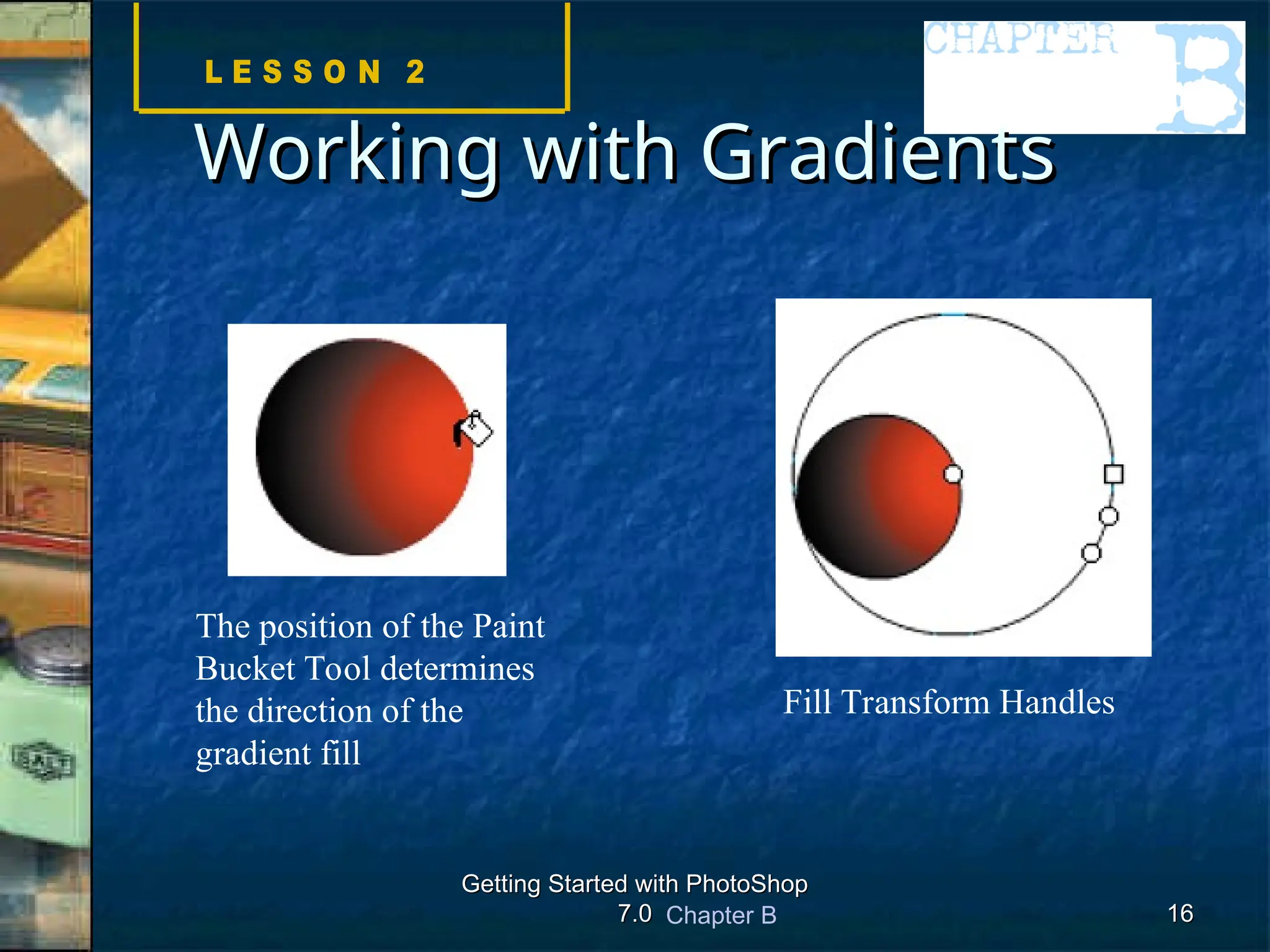 Chapter B
Getting Started with PhotoShop
Getting Started with PhotoShop
7.0
7.0 16
16
Working with Gradients
Working with Gradients
The position of the Paint
Bucket Tool determines
the direction of the
gradient fill
Fill Transform Handles
 