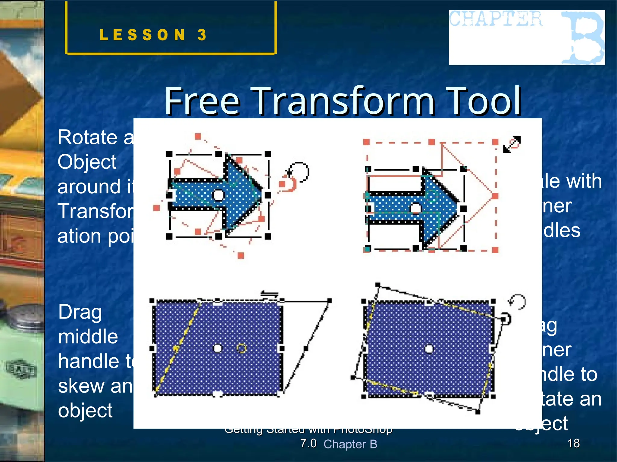 Chapter B
Getting Started with PhotoShop
Getting Started with PhotoShop
7.0
7.0 18
18
Free Transform Tool
Free Transform Tool
Scale with
Corner
handles
Drag
corner
handle to
Rotate an
object
Rotate an
Object
around its
Transform-
ation point
Drag
middle
handle to
skew an
object
 